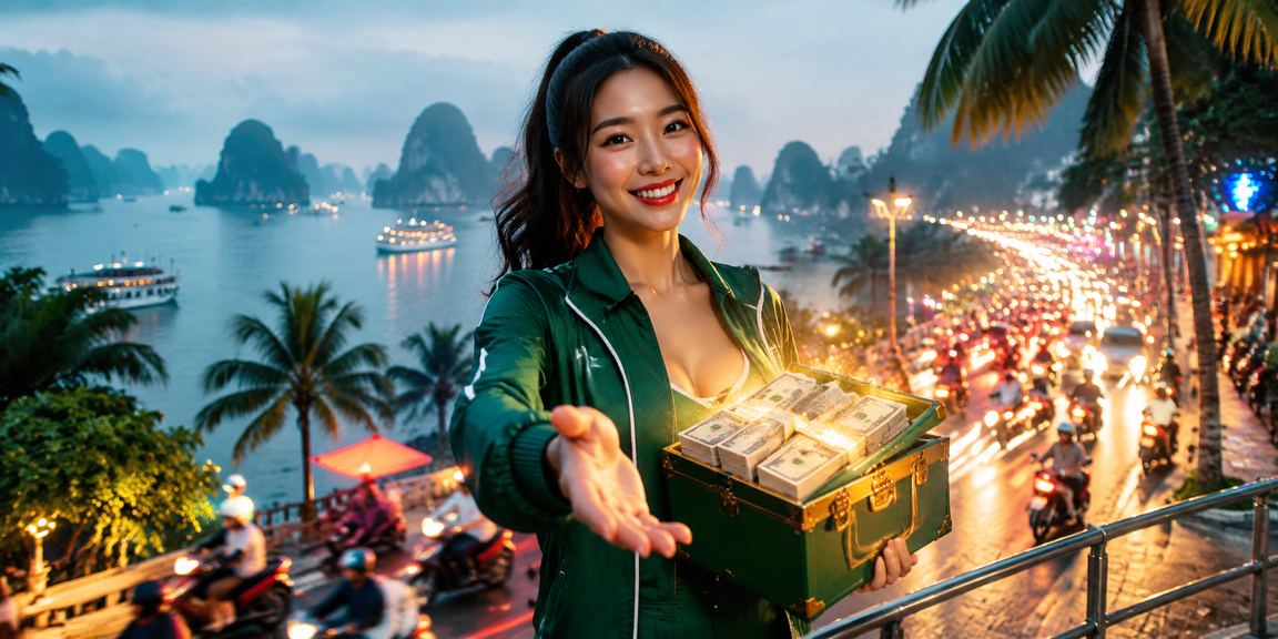 Cảnh cược casino với ánh đèn neon bên vịnh Hạ Long về đêm, không khí sôi động