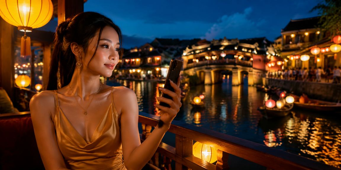 Người dùng trải nghiệm casino di động tại Hội An về đêm